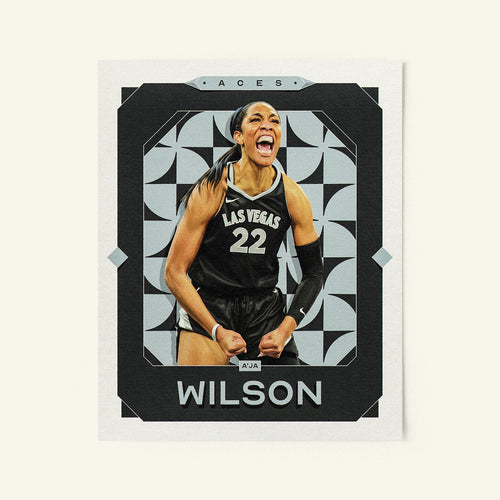 Poster of A'ja Wilson of the Las Vegas Aces in a vintage trading card style.