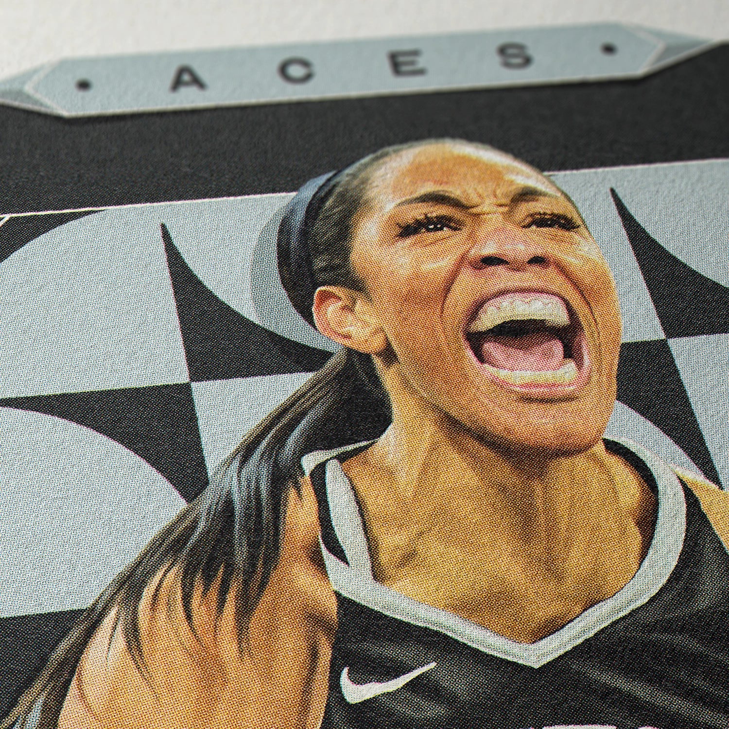 Closeup of our A'ja Wilson Las Vegas Aces Poster showing the high-definition design quality and vintage graphic elements.
