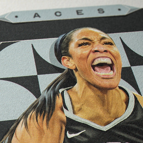 Closeup of our A'ja Wilson Las Vegas Aces Poster showing the high-definition design quality and vintage graphic elements.