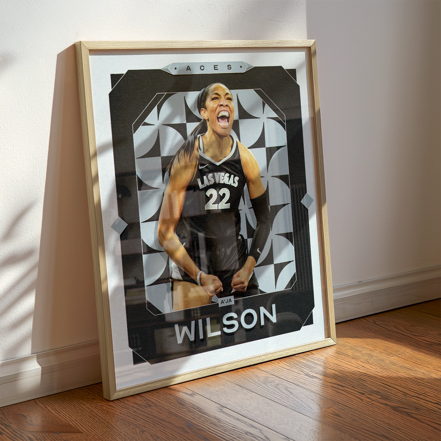 A A'ja Wilson poster displayed as modern sports wall art in the home of a Las Vegas Aces fan.