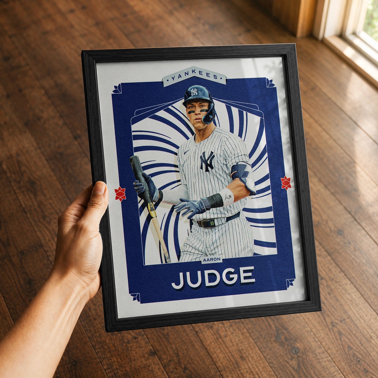 A premium Aaron Judge poster in a 8x10 frame being gifted to a New York Yankees fan.