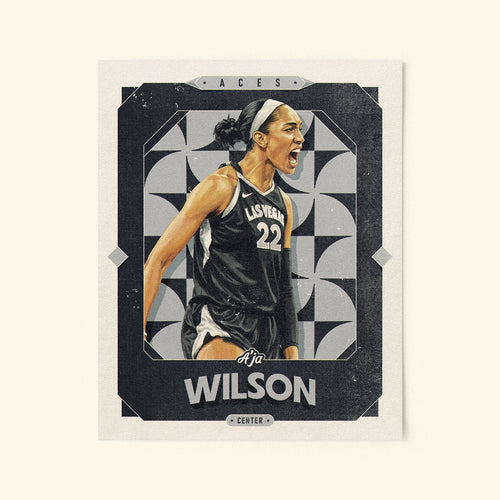 Poster of Aja Wilson of the Las Vegas Aces in a vintage trading card style.