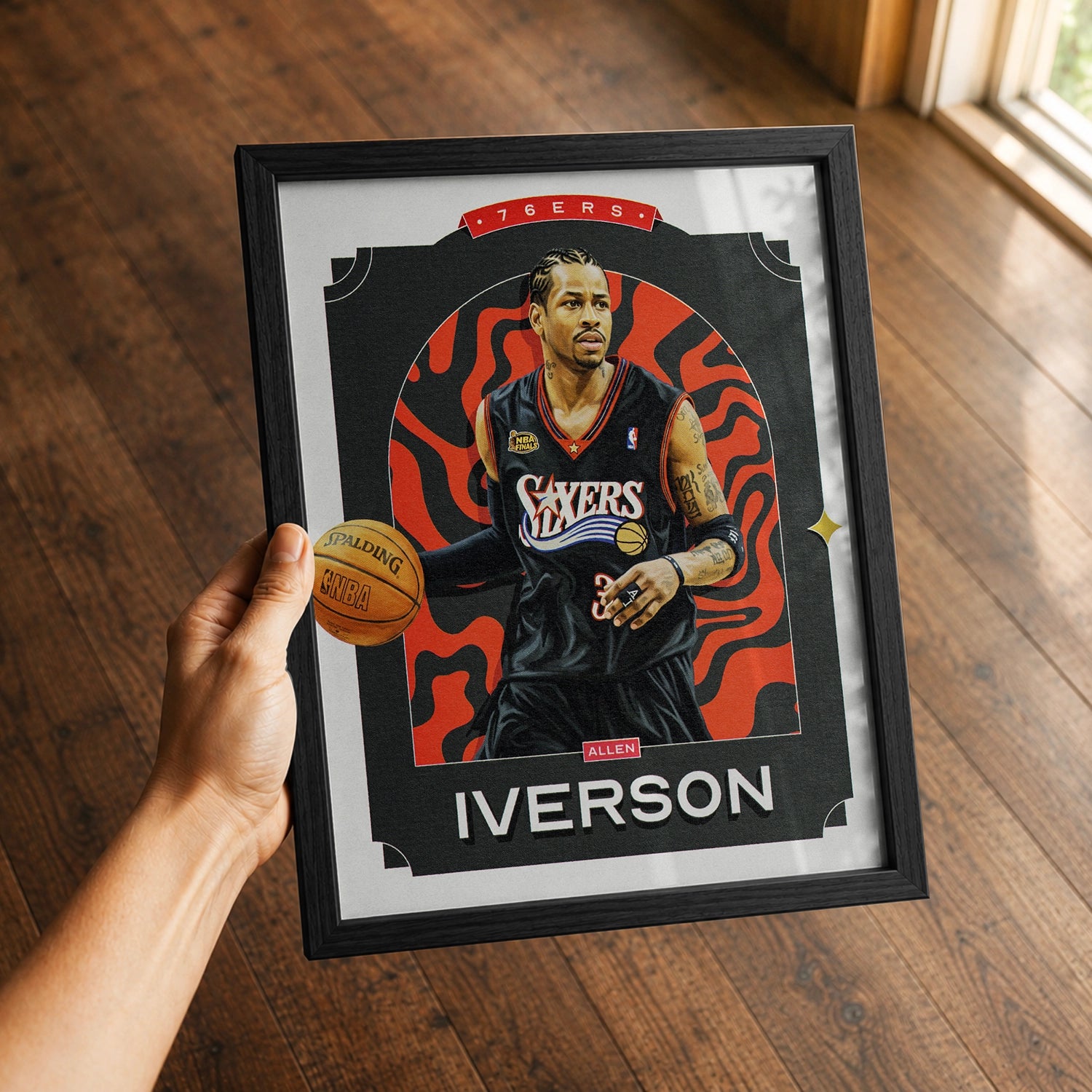 A premium Allen Iverson poster in a 8x10 frame being gifted to a Philadelphia 76ers fan.