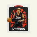 Poster of Allen Iverson of the Philadelphia 76ers in a vintage trading card style.