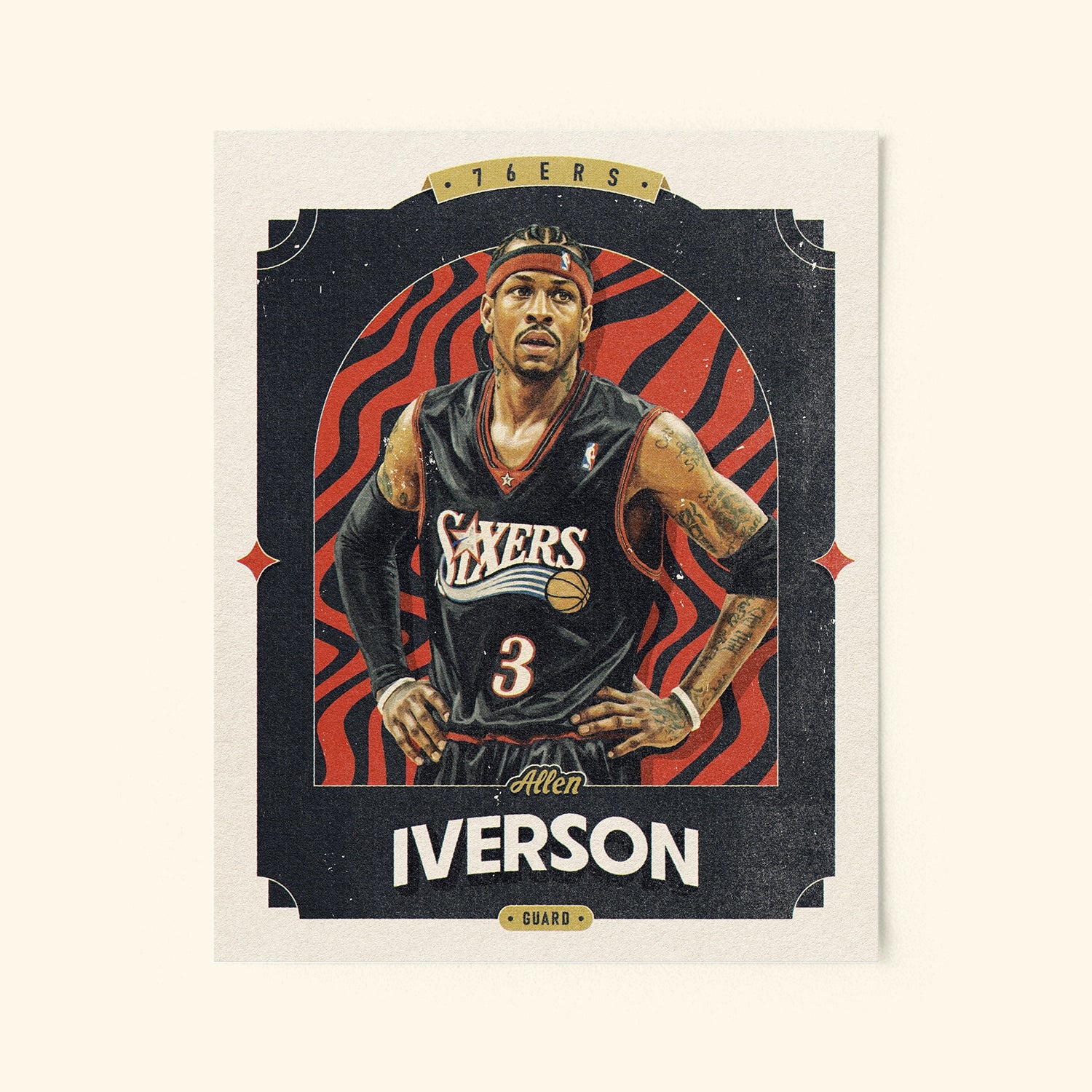 Poster of Allen Iverson of the Philadelphia 76ers in a vintage trading card style.