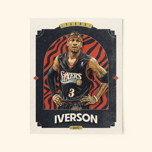 Poster of Allen Iverson of the Philadelphia 76ers in a vintage trading card style.