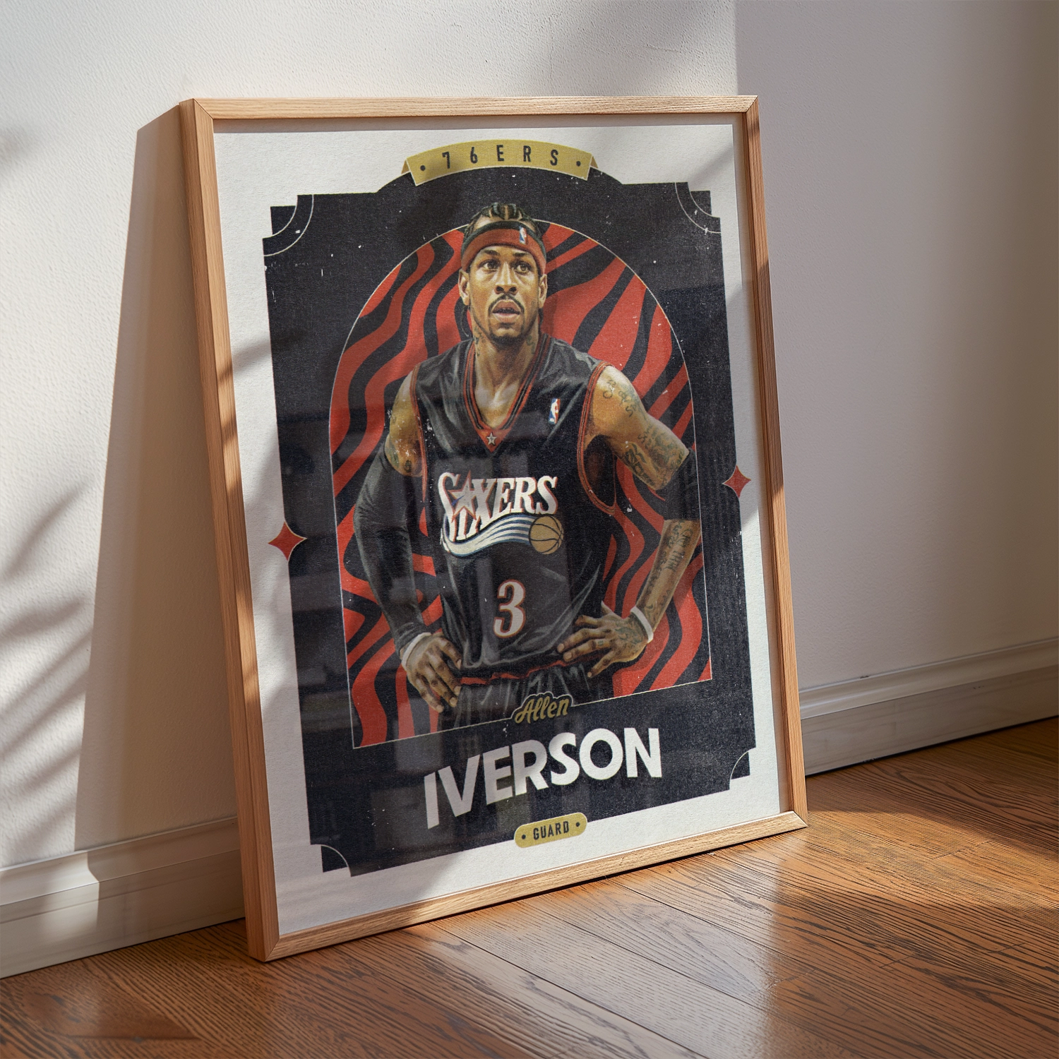 A Allen Iverson poster displayed as modern sports wall art in the home of a Philadelphia 76ers fan.