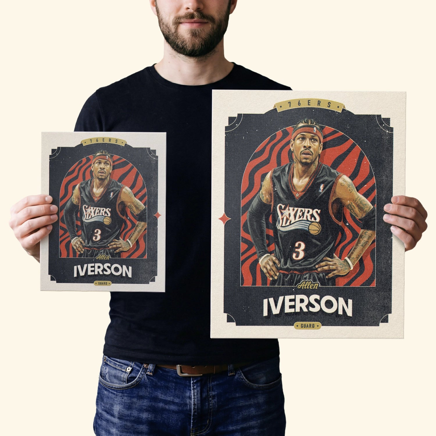 Two vintage inspired posters of Allen Iverson in the sizes 20x25cm or 8x10 inches and 40x50cm or 16x20 inches, held by a Philadelphia 76ers fan.