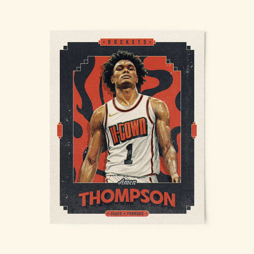 Poster of Amen Thompson of the Houston Rockets in a vintage trading card style.