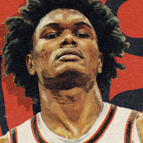 Closeup of our Amen Thompson Rockets Poster showing the high-definition design quality and vintage graphic elements.