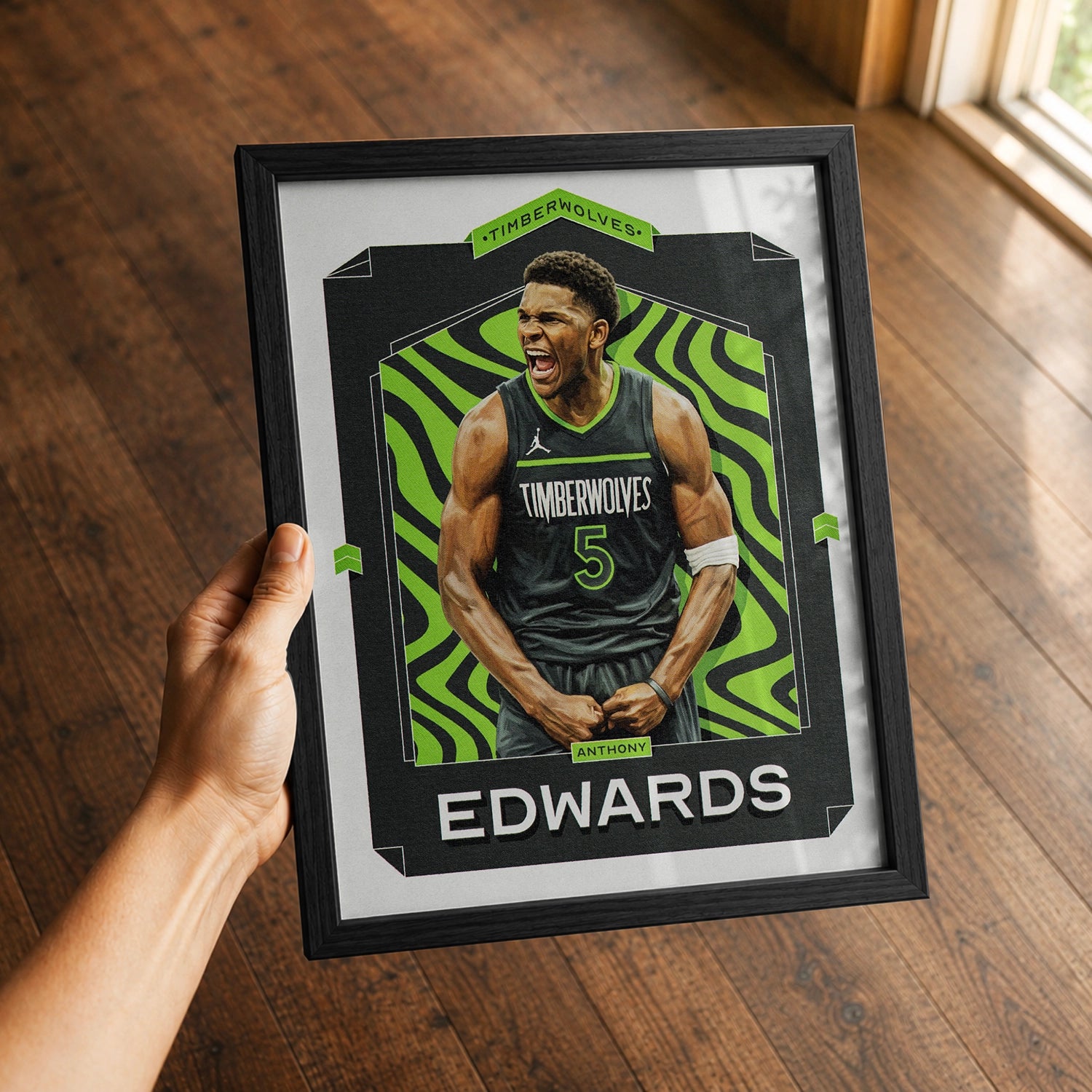 A premium Anthony Edwards poster in a 8x10 frame being gifted to a Minnesota Timberwolves fan.