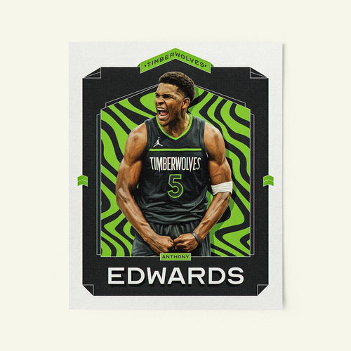 Poster of Anthony Edwards of the Minnesota Timberwolves in a vintage trading card style.
