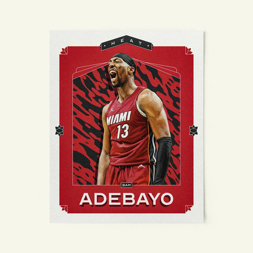 Poster of Bam Adebayo of the Miami Heat in a vintage trading card style.
