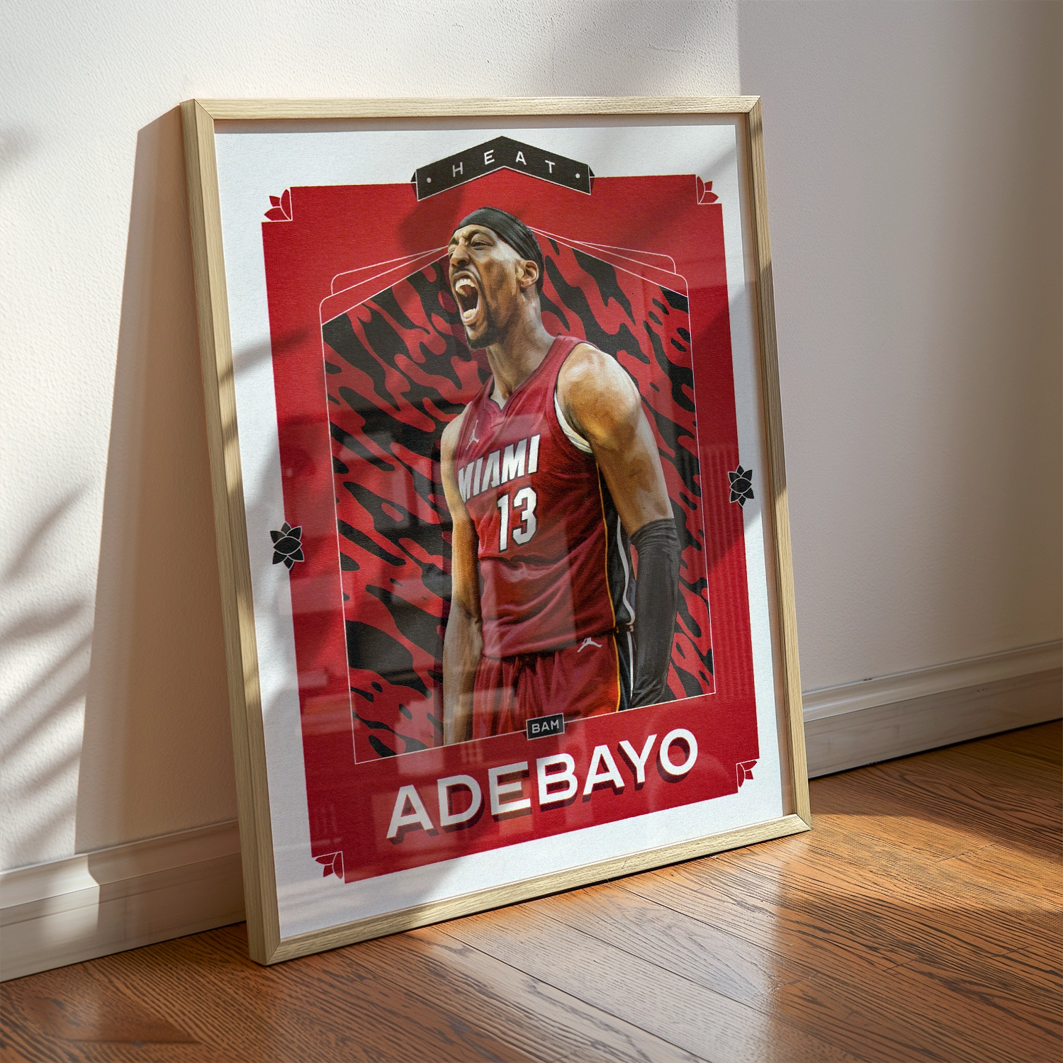 A Bam Adebayo poster displayed as modern sports wall art in the home of a Miami Heat fan.