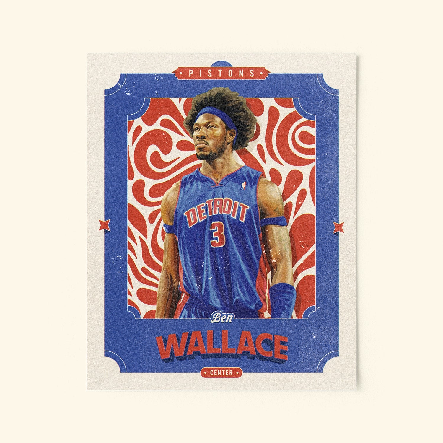 Poster of Ben Wallace of the Detroit Pistons in a vintage trading card style.