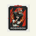 Poster of Bijan Robinson of the Atlanta Falcons in a vintage trading card style.