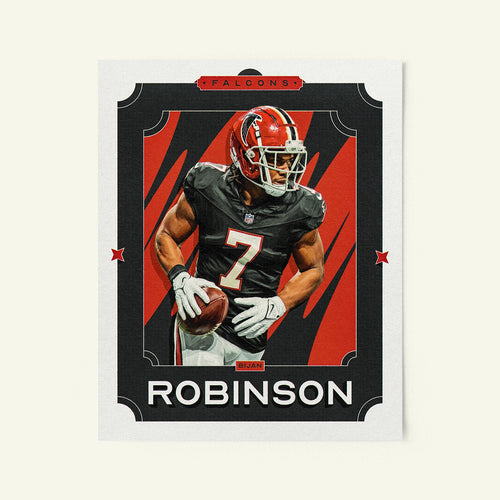 Poster of Bijan Robinson of the Atlanta Falcons in a vintage trading card style.