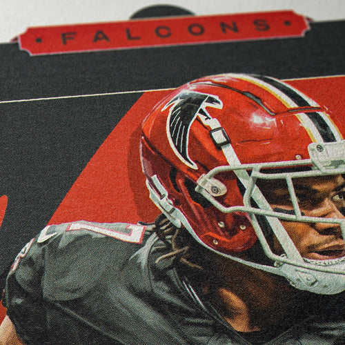 Closeup of our Bijan Robinson Atlanta Falcons Poster showing the high-definition design quality and vintage graphic elements.