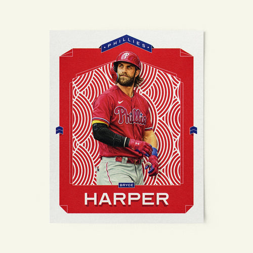 Poster of Bryce Harper of the Philadelphia Phillies in a vintage trading card style.