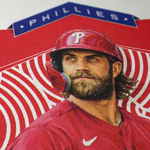 Closeup of our Bryce Harper Philadelphia Phillies Poster showing the high-definition design quality and vintage graphic elements.