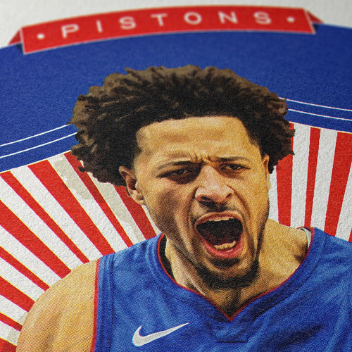 Closeup of our Cade Cunningham Detroit Pistons Poster showing the high-definition design quality and vintage graphic elements.