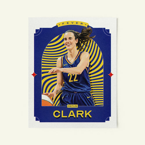 Poster of Caitlin Clark of the Indiana Fever in a vintage trading card style.