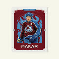 Poster of Cale Makar of the Colorado Avalanche in a vintage trading card style.