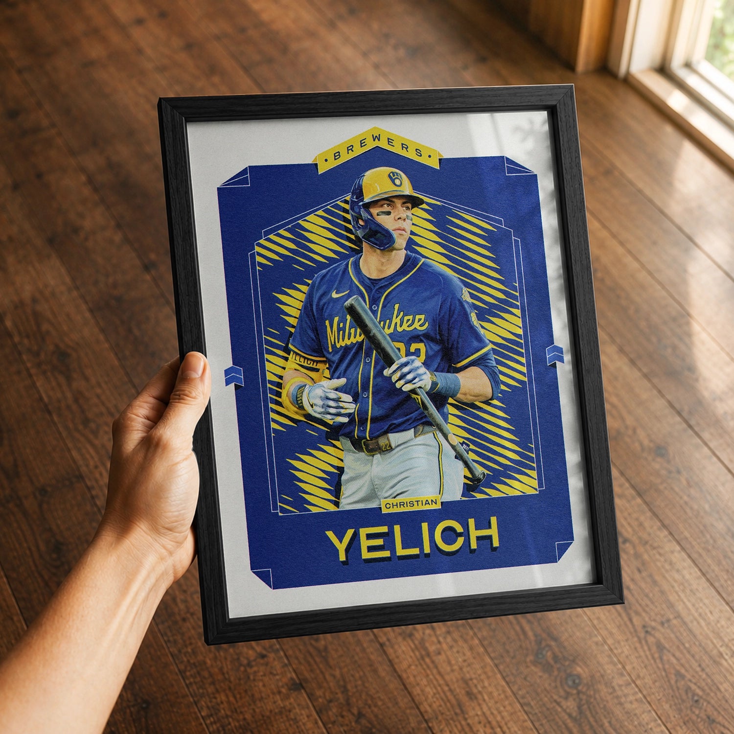 A premium Christian Yelich poster in a 8x10 frame being gifted to a Milwaukee Brewers fan.