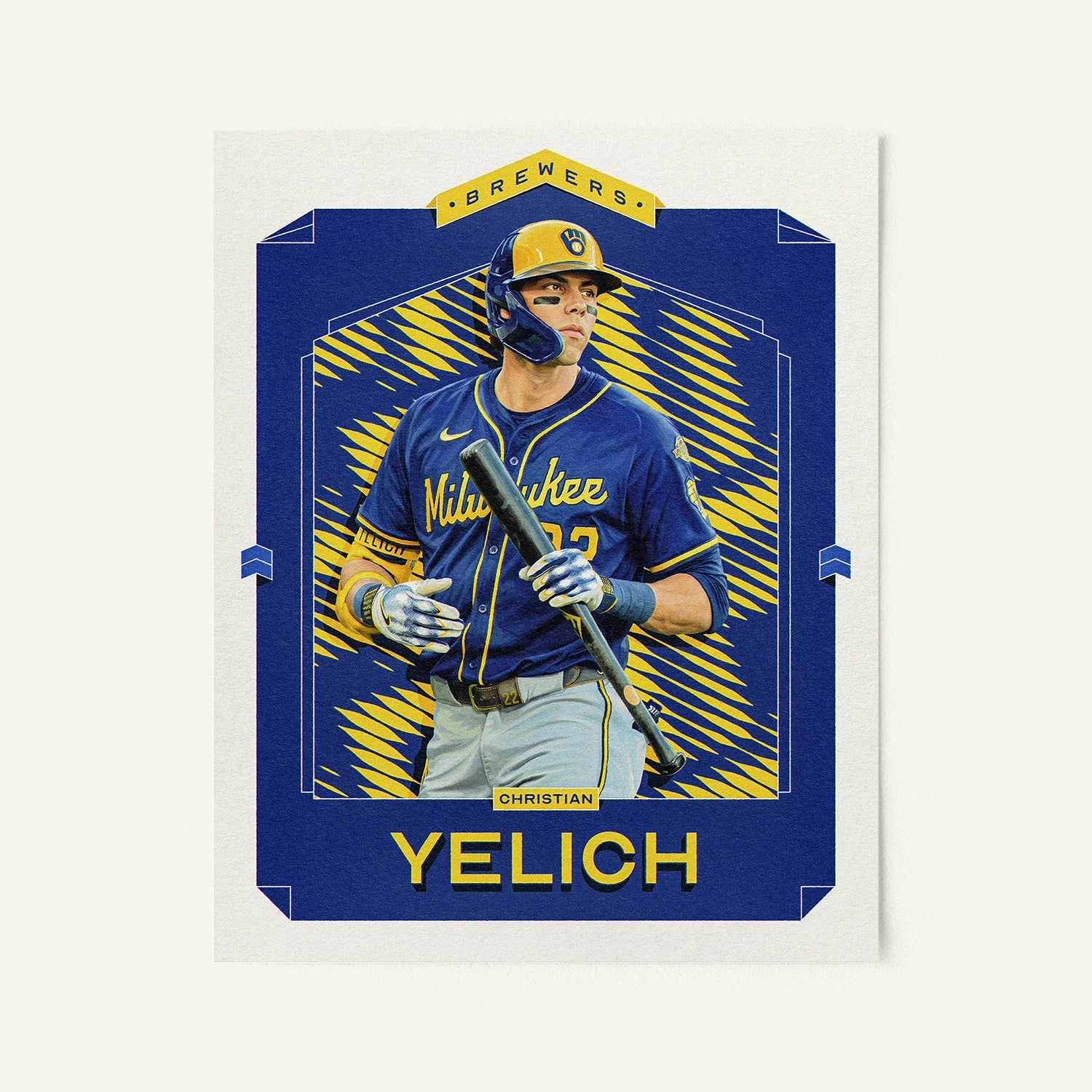 Poster of Christian Yelich of the Milwaukee Brewers in a vintage trading card style.