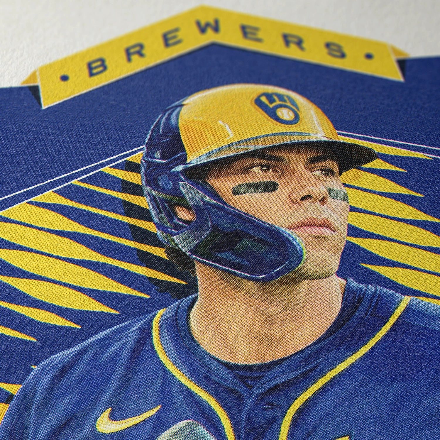 Closeup of our Christian Yelich Milwaukee Brewers Poster showing the high-definition design quality and vintage graphic elements.
