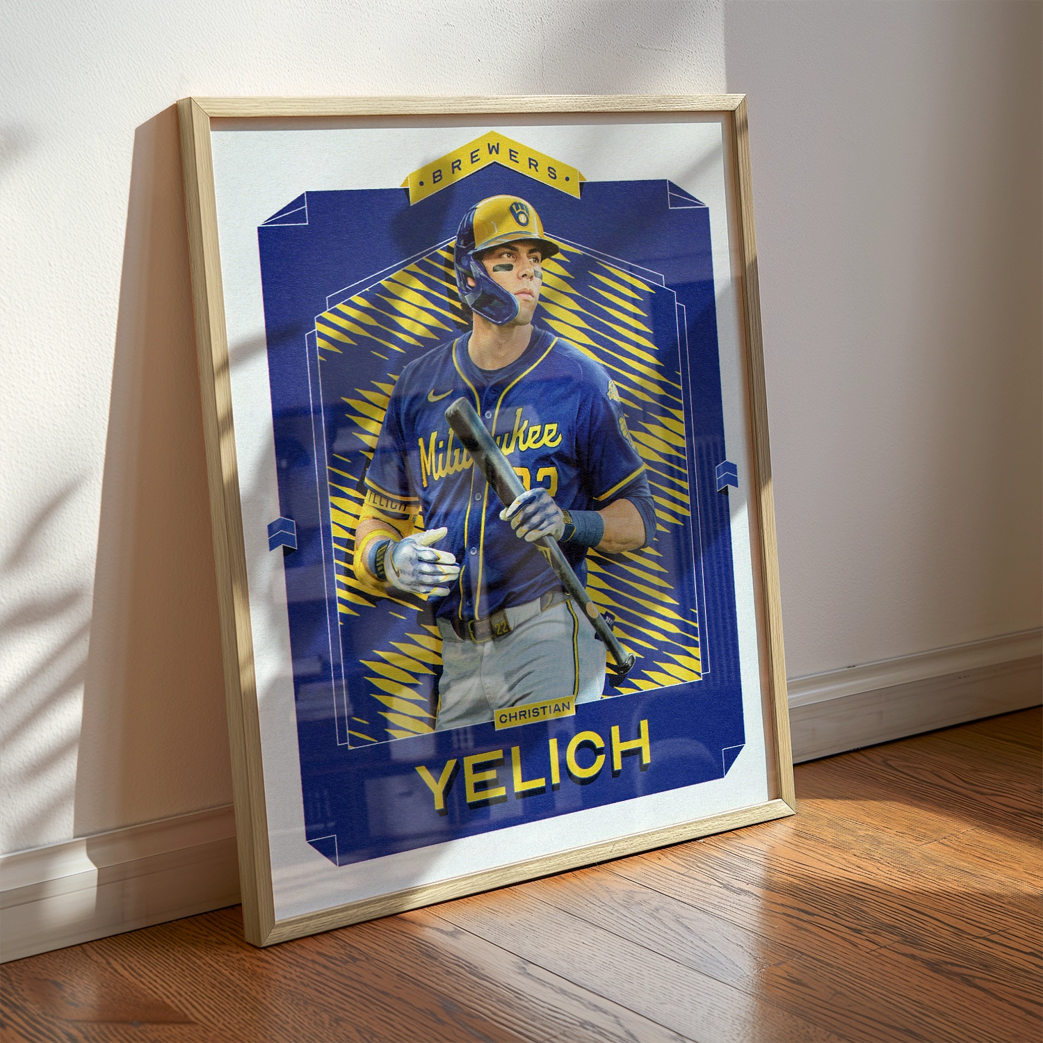 A Christian Yelich poster displayed as modern sports wall art in the home of a Milwaukee Brewers fan.