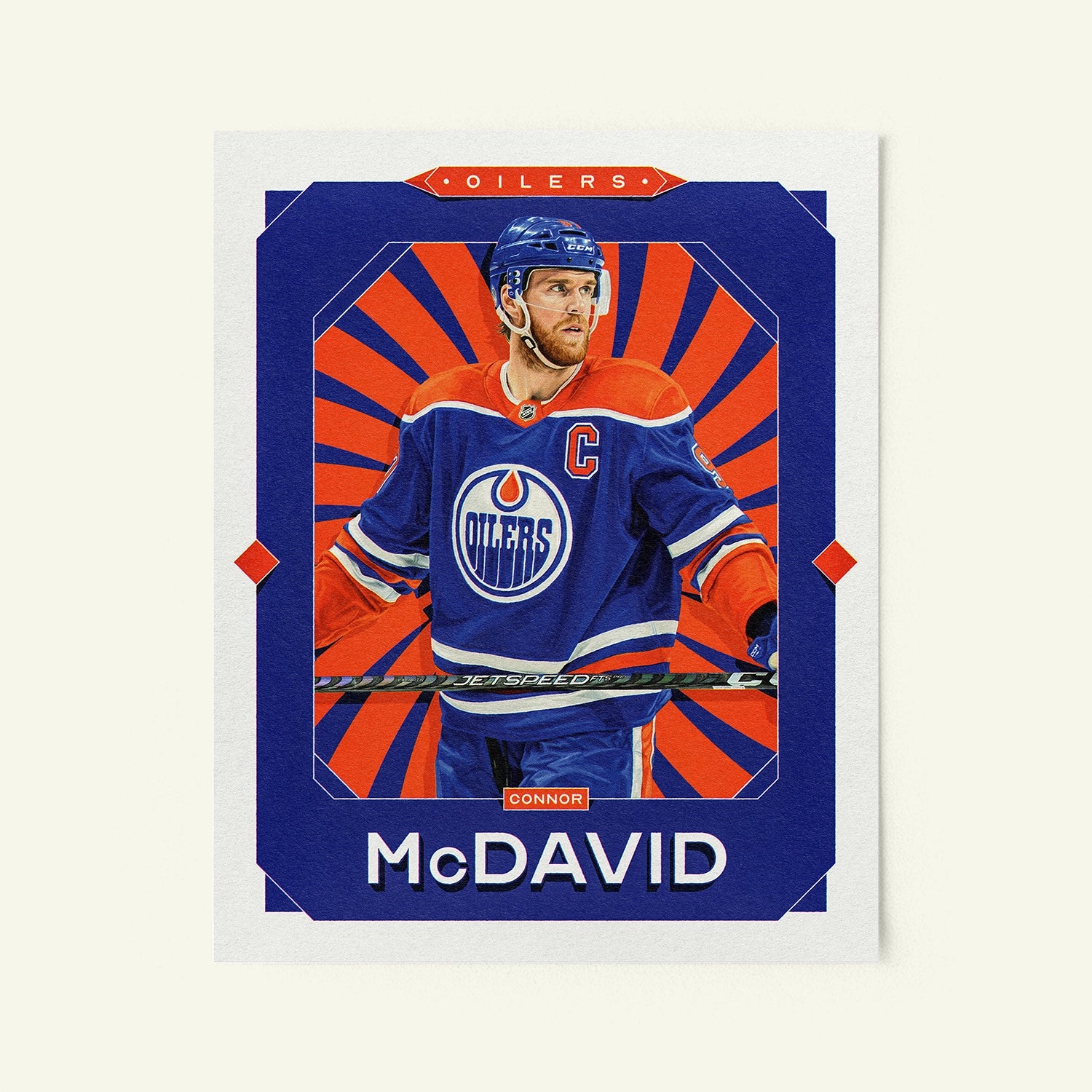 Poster of Connor McDavid of the Edmonton Oilers in a vintage trading card style.