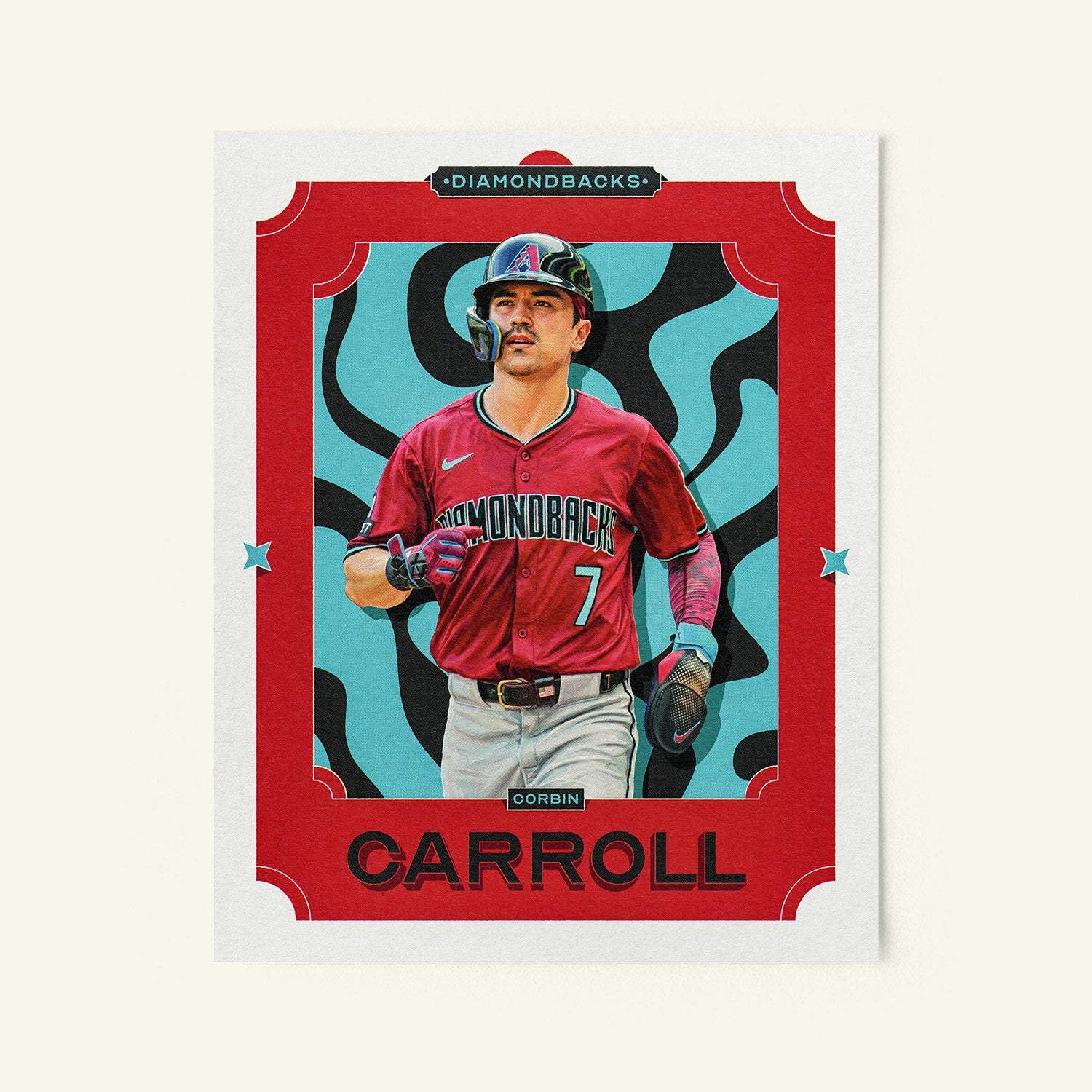 Poster of Corbin Carroll of the Arizona Diamondbacks in a vintage trading card style.