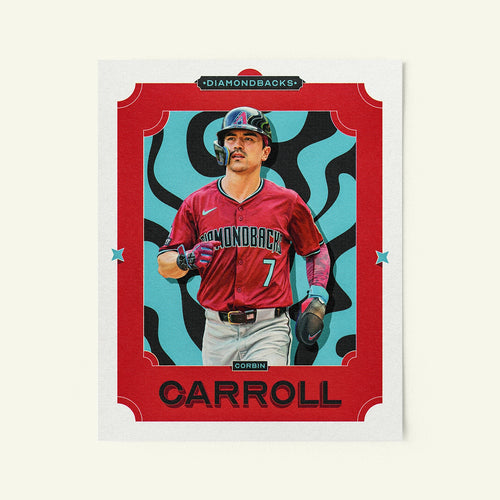 Poster of Corbin Carroll of the Arizona Diamondbacks in a vintage trading card style.