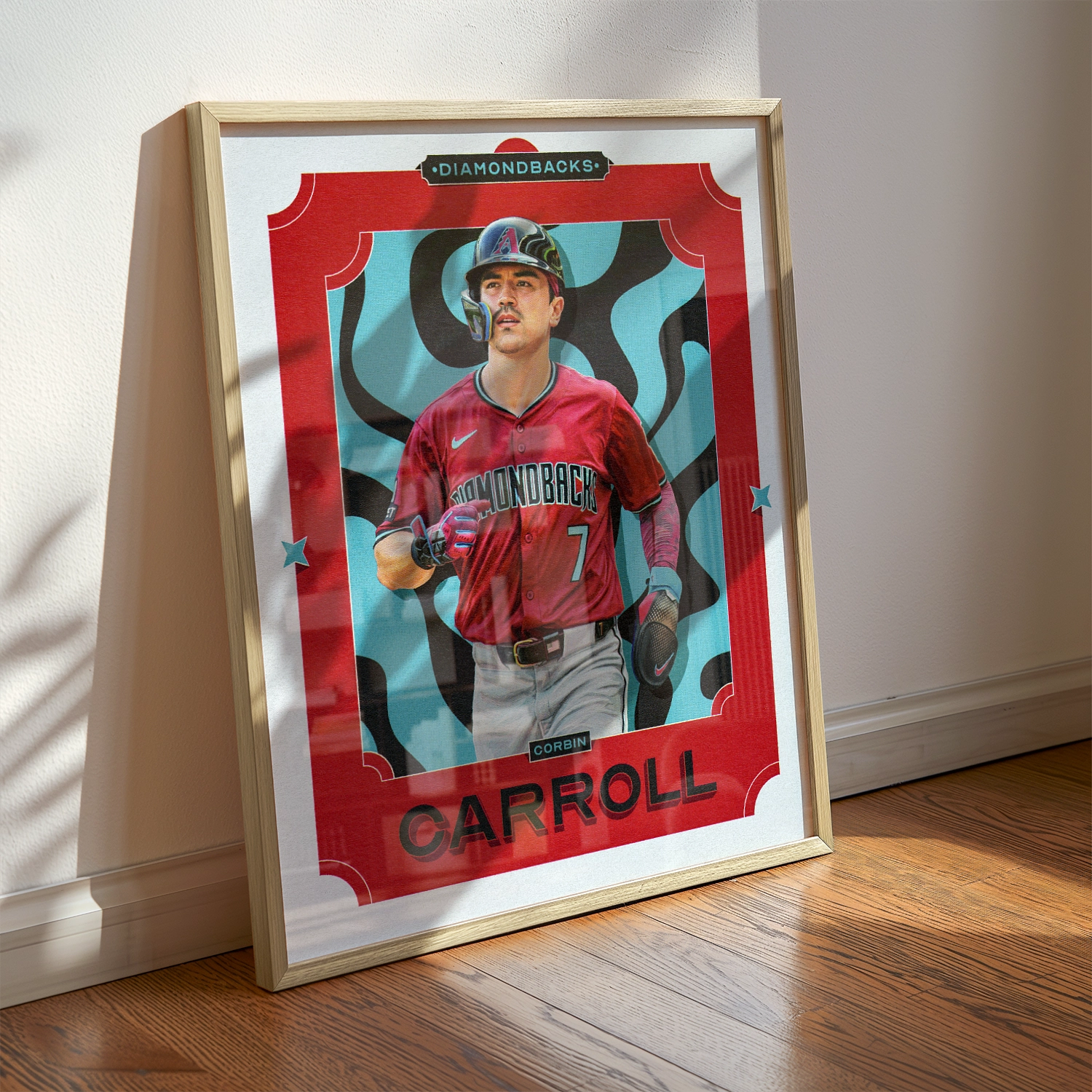A Corbin Carroll poster displayed as modern sports wall art in the home of a Arizona Diamondbacks fan.