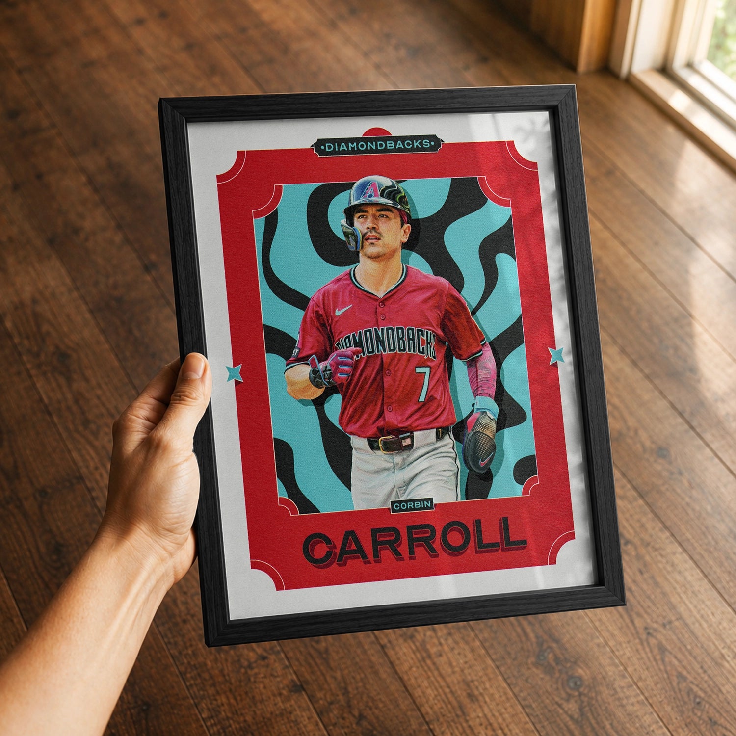 A premium Corbin Carroll poster in a 8x10 frame being gifted to a Arizona Diamondbacks fan.