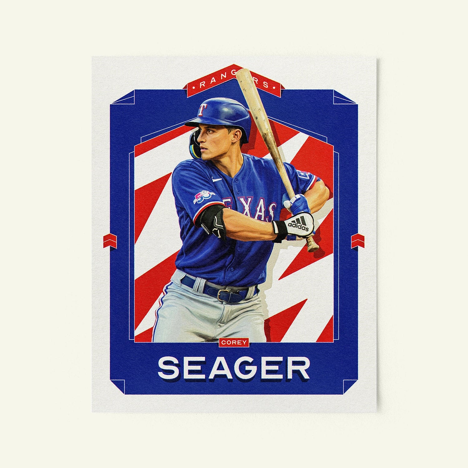 Poster of Corey Seager of the Texas Rangers in a vintage trading card style.