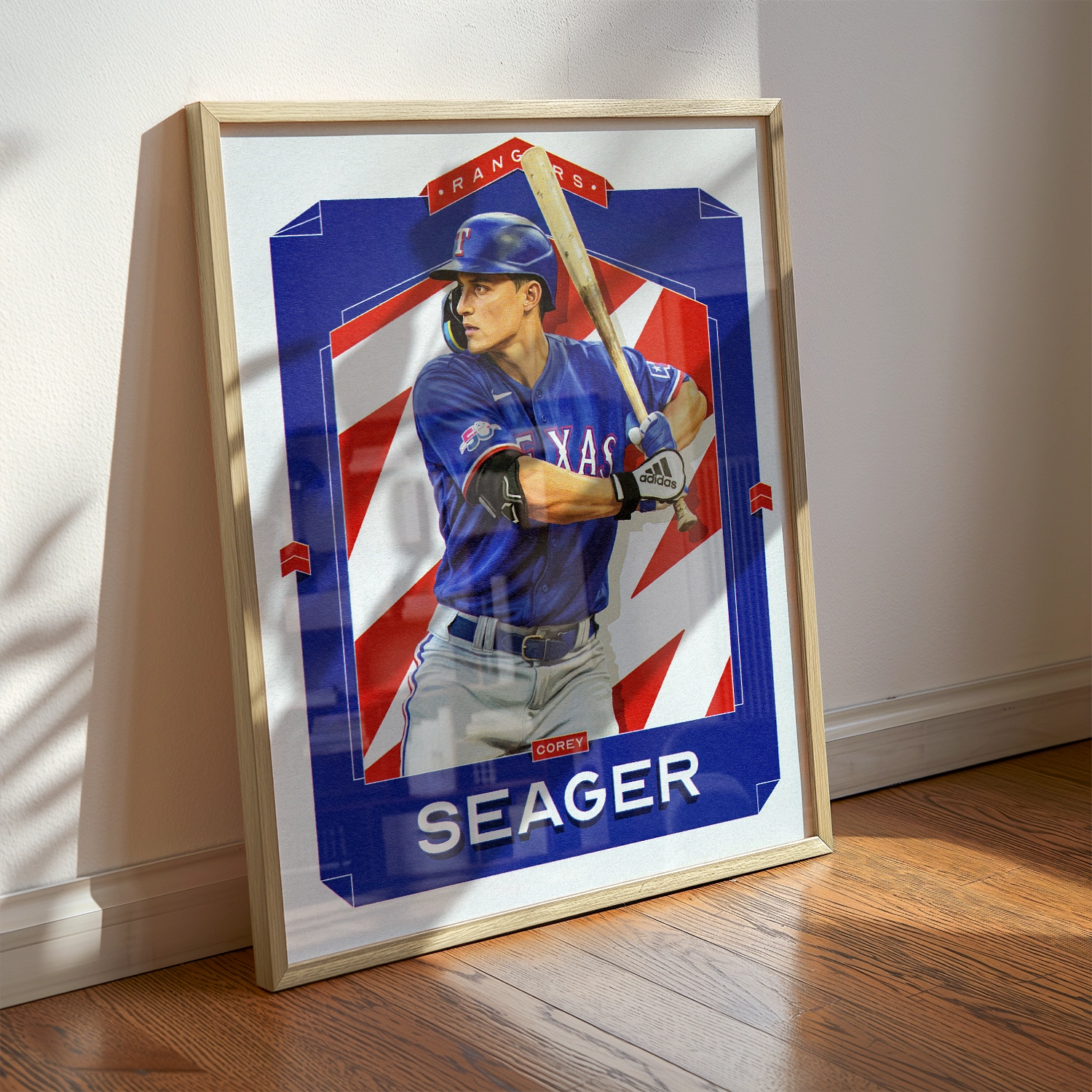 A Corey Seager poster displayed as modern sports wall art in the home of a Texas Rangers fan.