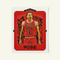 Poster of Derrick Rose of the Chicago Bulls in a vintage trading card style.
