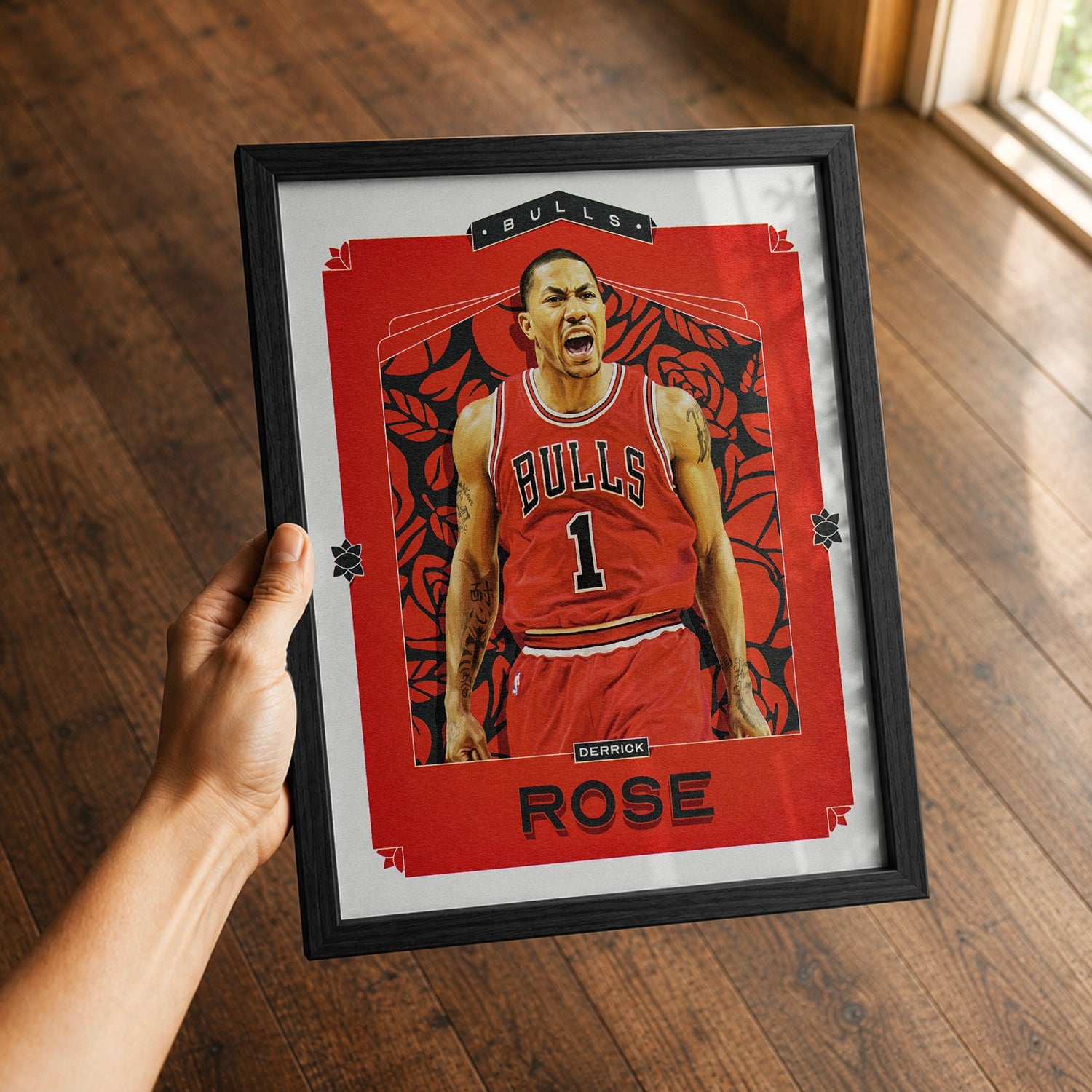 A premium Derrick Rose poster in a 8x10 frame being gifted to a Chicago Bulls fan.
