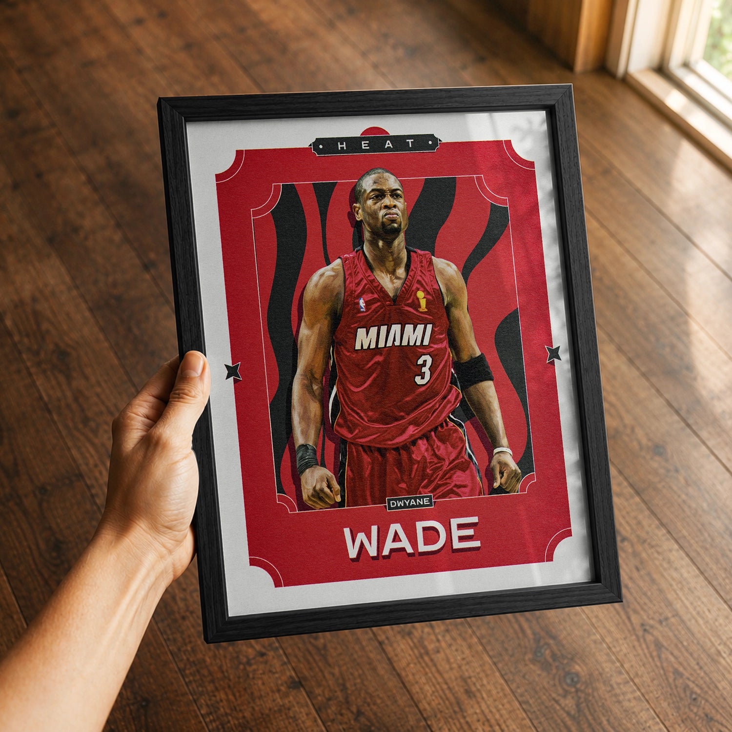 A premium Dwyane Wade poster in a 8x10 frame being gifted to a Miami Heat fan.