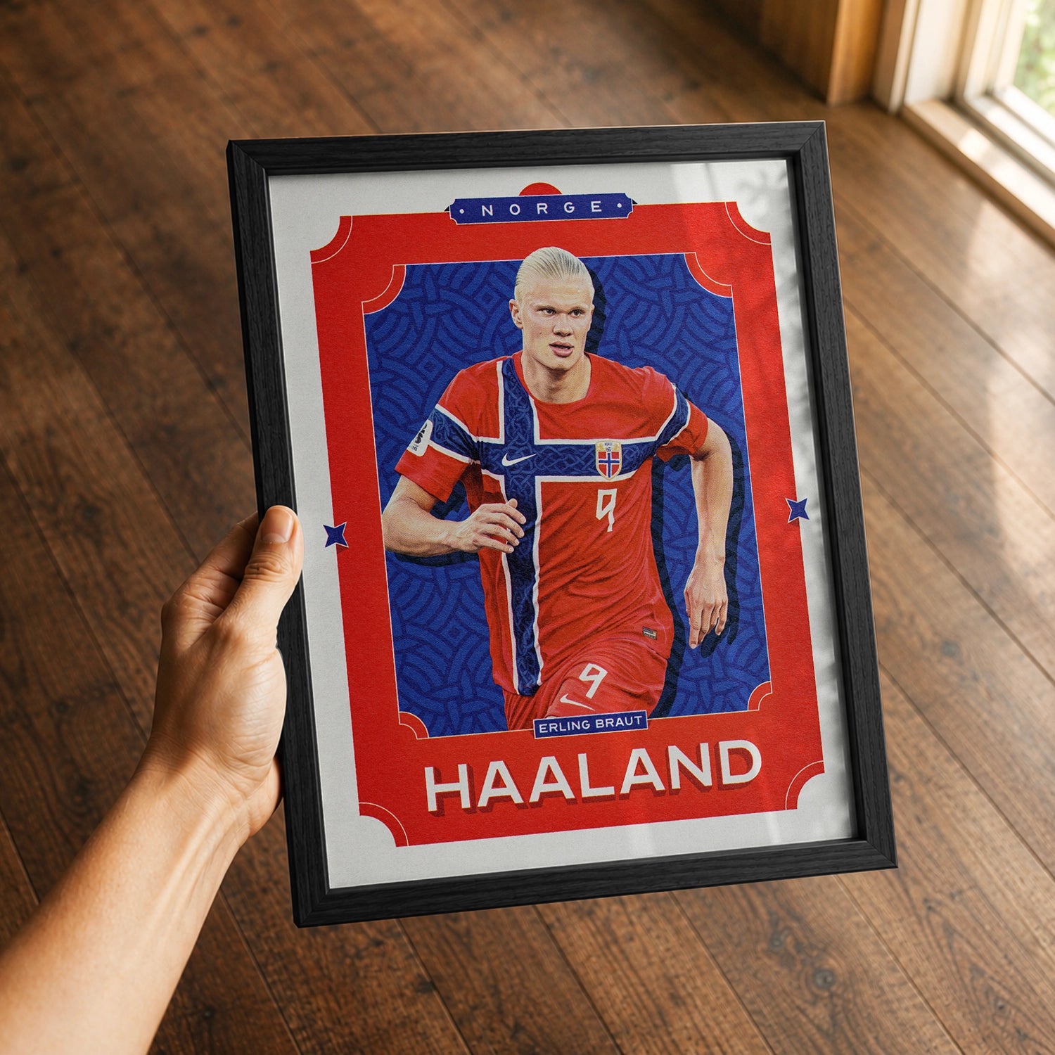 A premium Erling Haaland poster in a 8x10 frame being gifted to a Norway Norge fan.