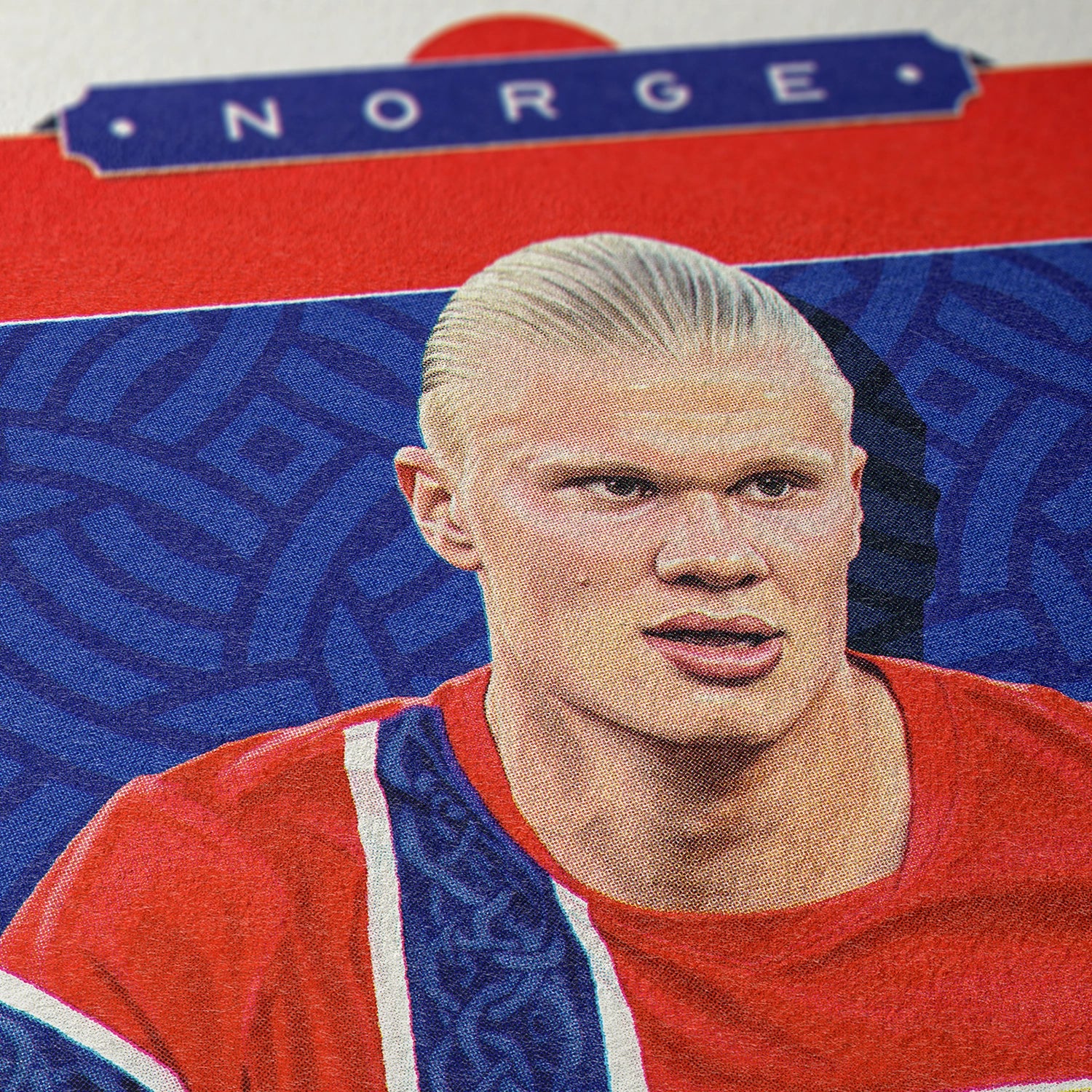Closeup of our Erling Haaland Norway Norge Poster showing the high-definition design quality and vintage graphic elements.