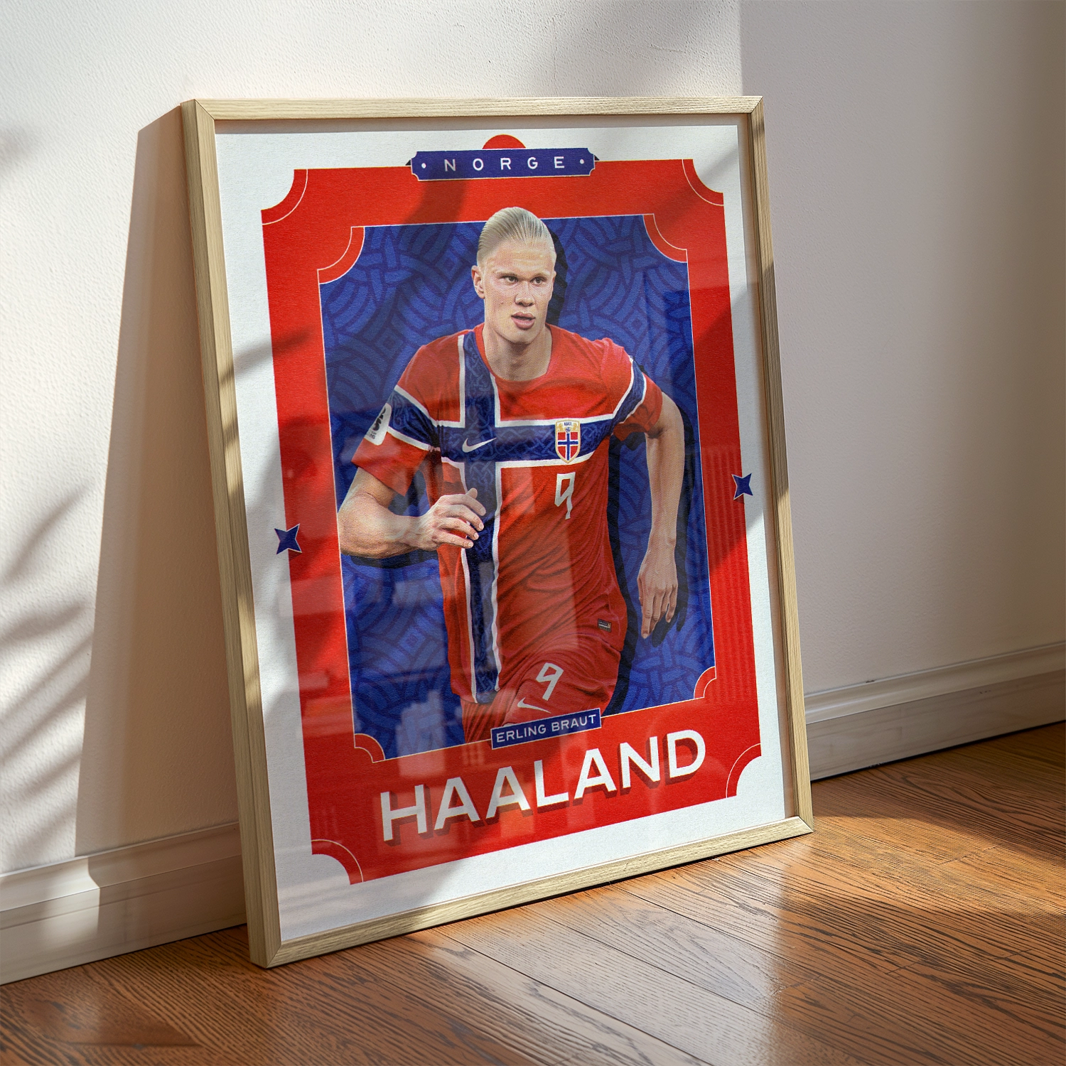 A Erling Haaland poster displayed as modern sports wall art in the home of a Norway Norge fan.