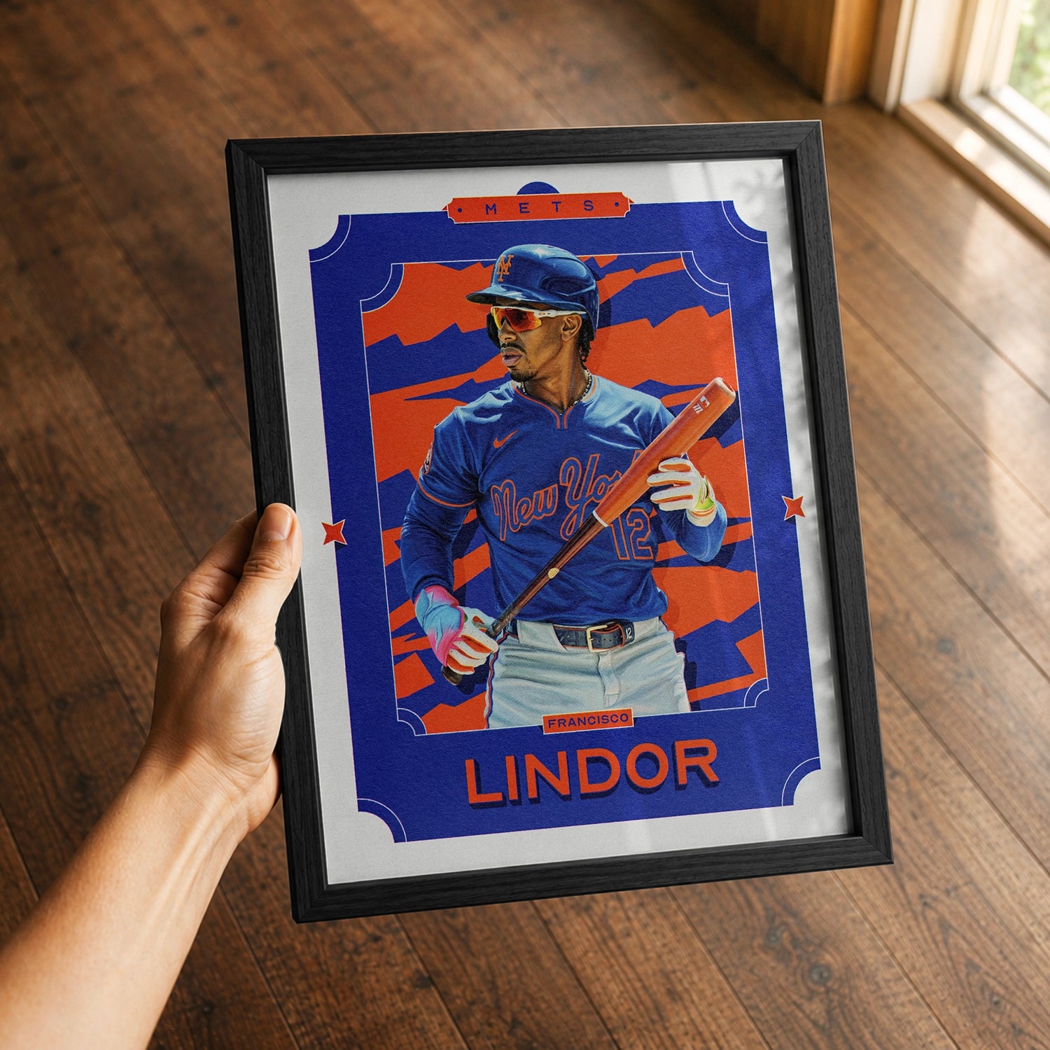 A premium Francisco Lindor poster in a 8x10 frame being gifted to a New York Mets fan.