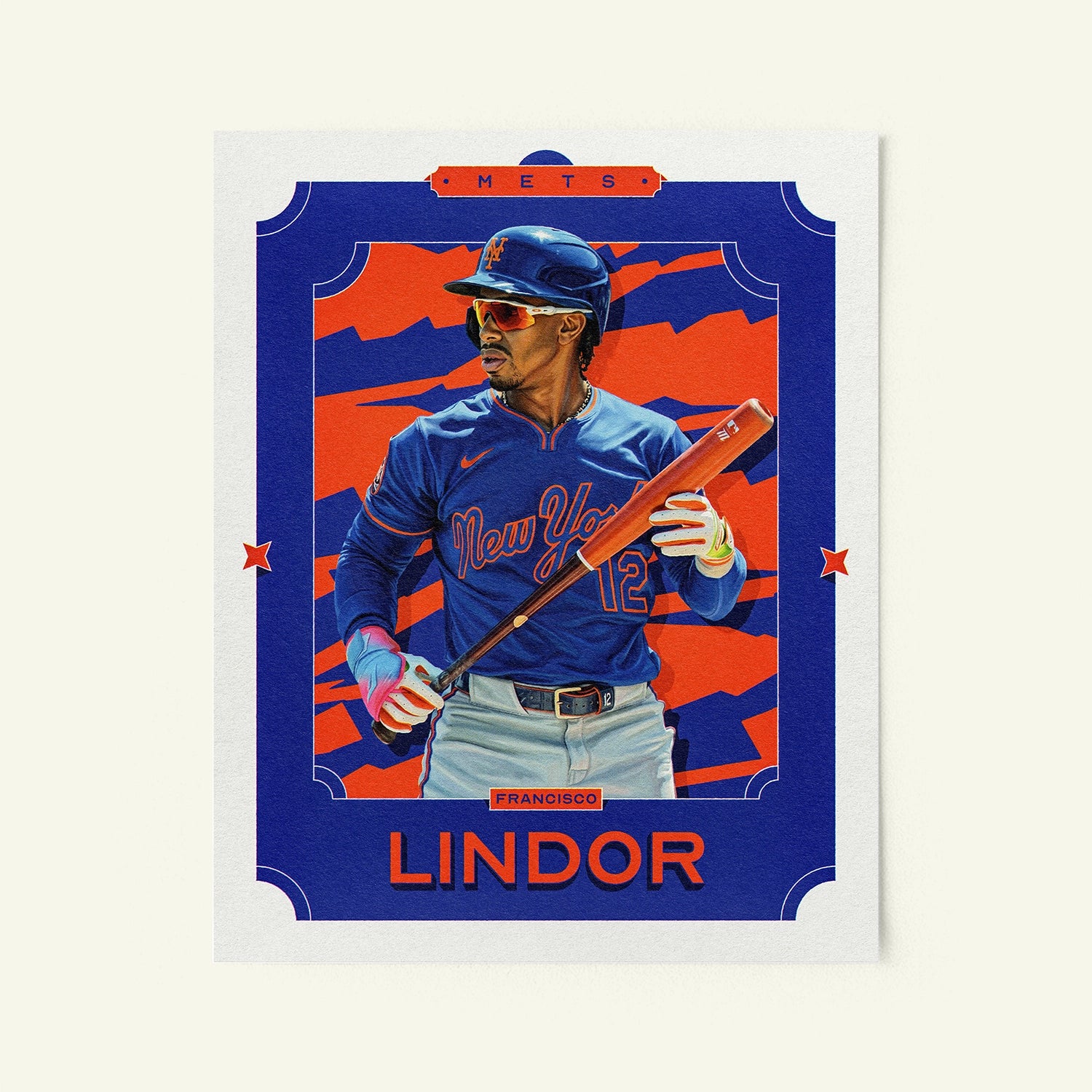 Poster of Francisco Lindor of the New York Mets in a vintage trading card style.