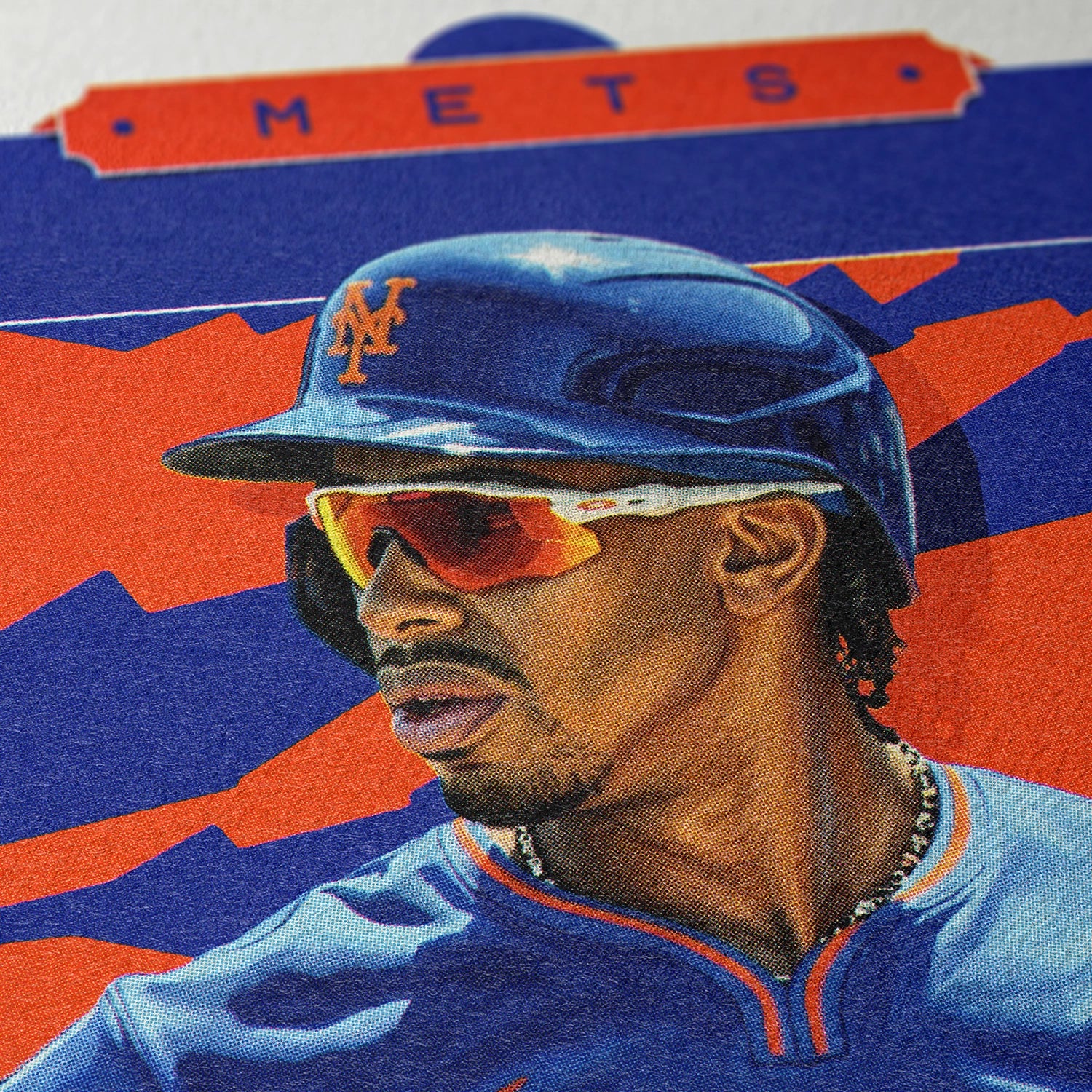Closeup of our Francisco Lindor New York Mets Poster showing the high-definition design quality and vintage graphic elements.