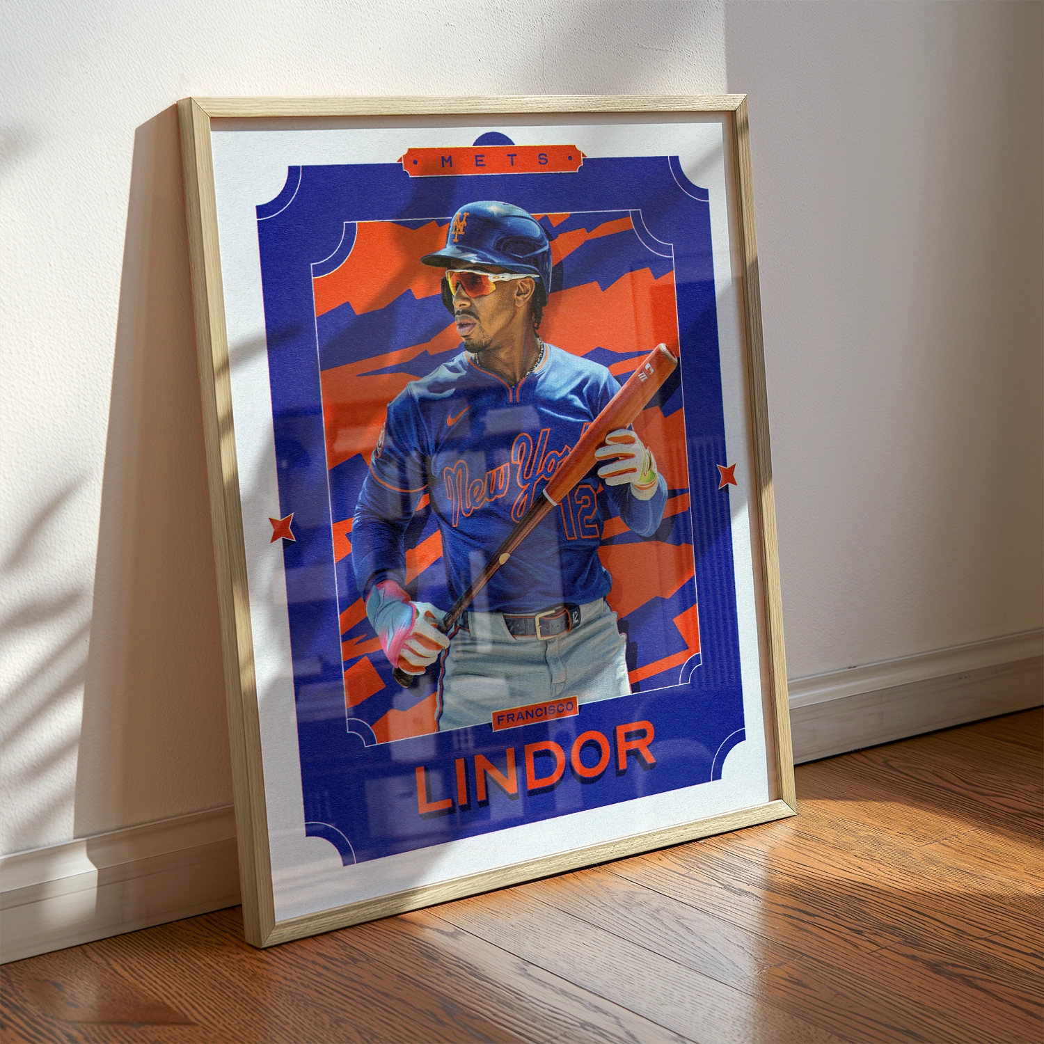 A Francisco Lindor poster displayed as modern sports wall art in the home of a New York Mets fan.