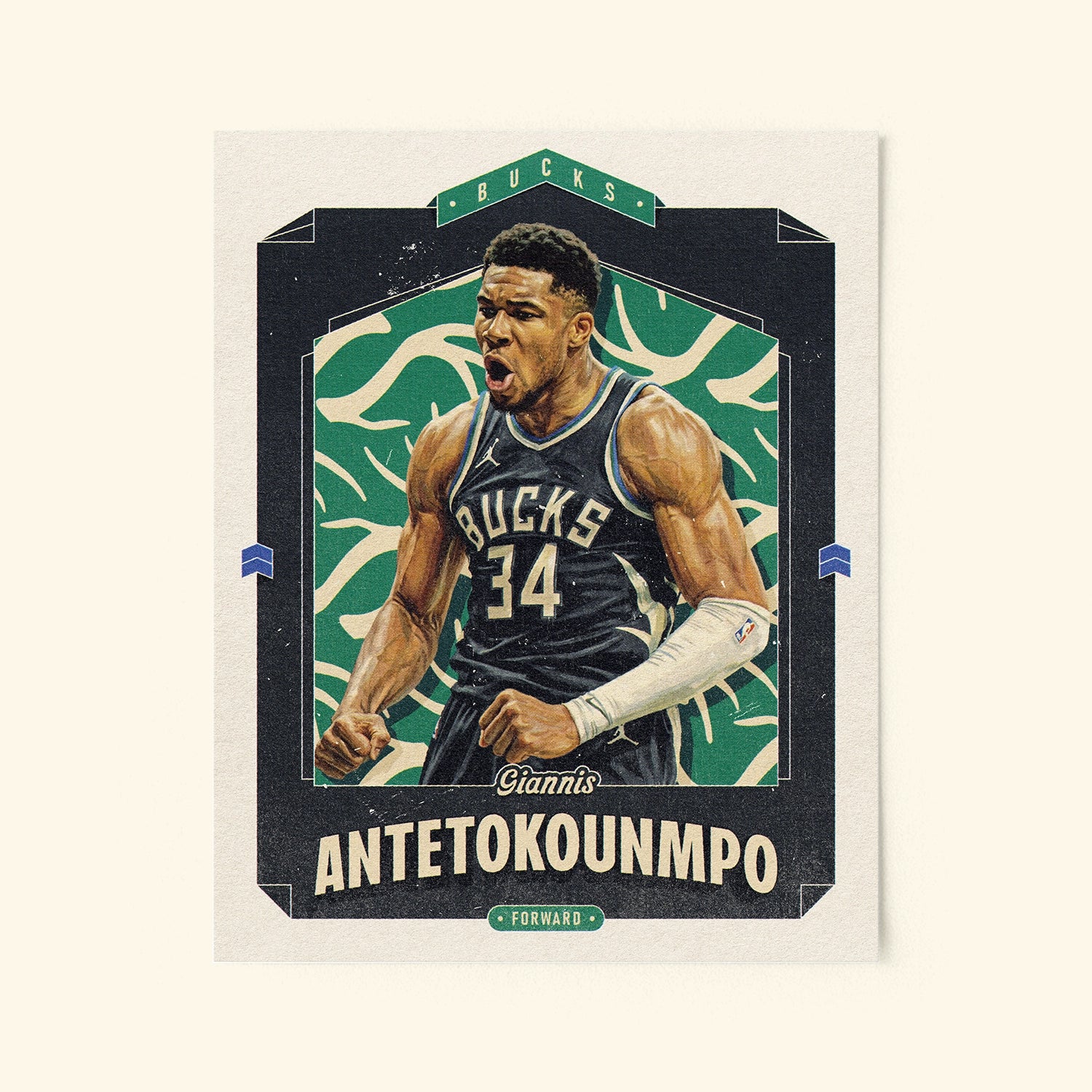 Poster of Giannis Antetokounmpo of the Milwaukee Bucks in a vintage trading card style.