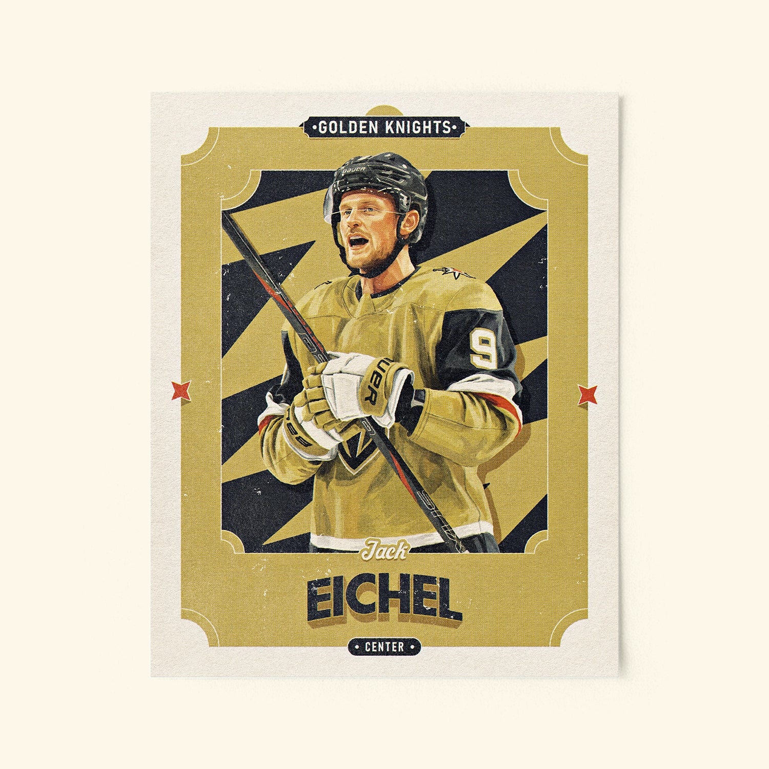 Poster of Jack Eichel of the Vegas Golden Knights in a vintage trading card style.